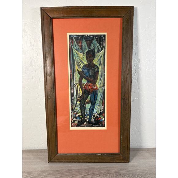 Mid‑Century Hand‑Colored Linocut ‘Standing Figure’ signed E.R.‎ Anderson 1952
